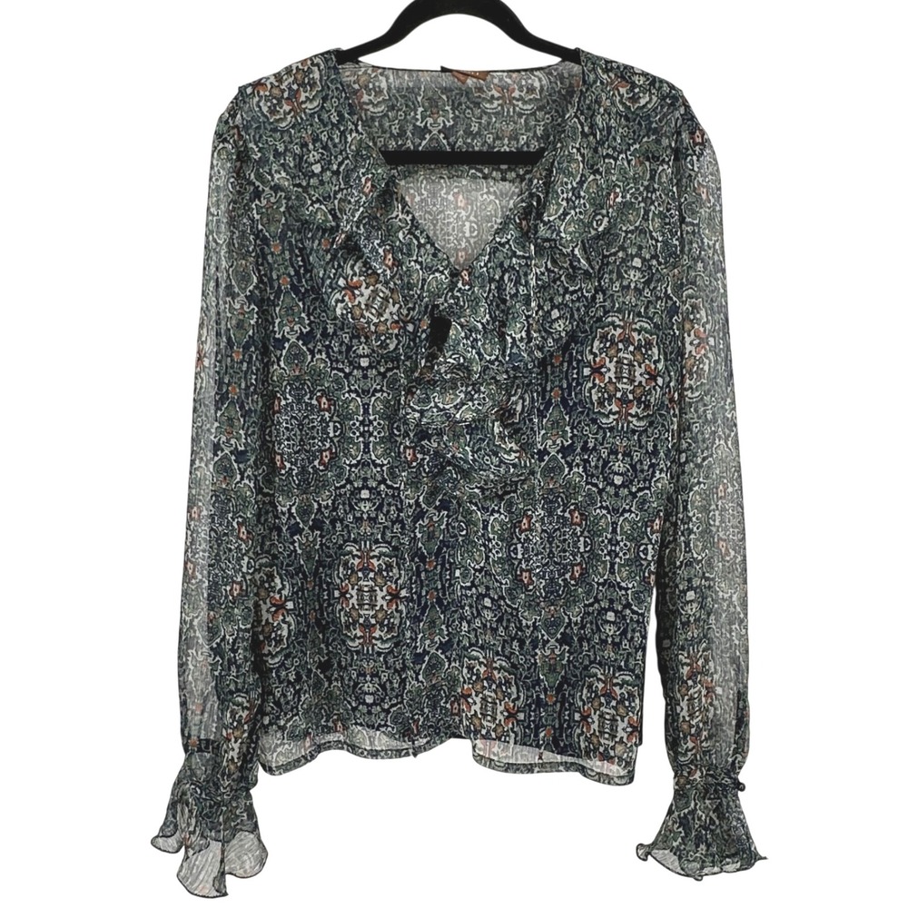 Tesori Long Sleeve Sheer Ruffle Blouse M Blue Floral Print Top Silk Cami Boho